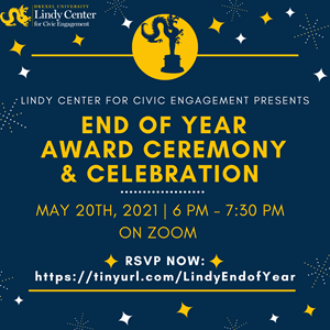 Lindy Center End of Year Award Ceremony and Celebration graphic image featuring trophy and star designs and information about the event.